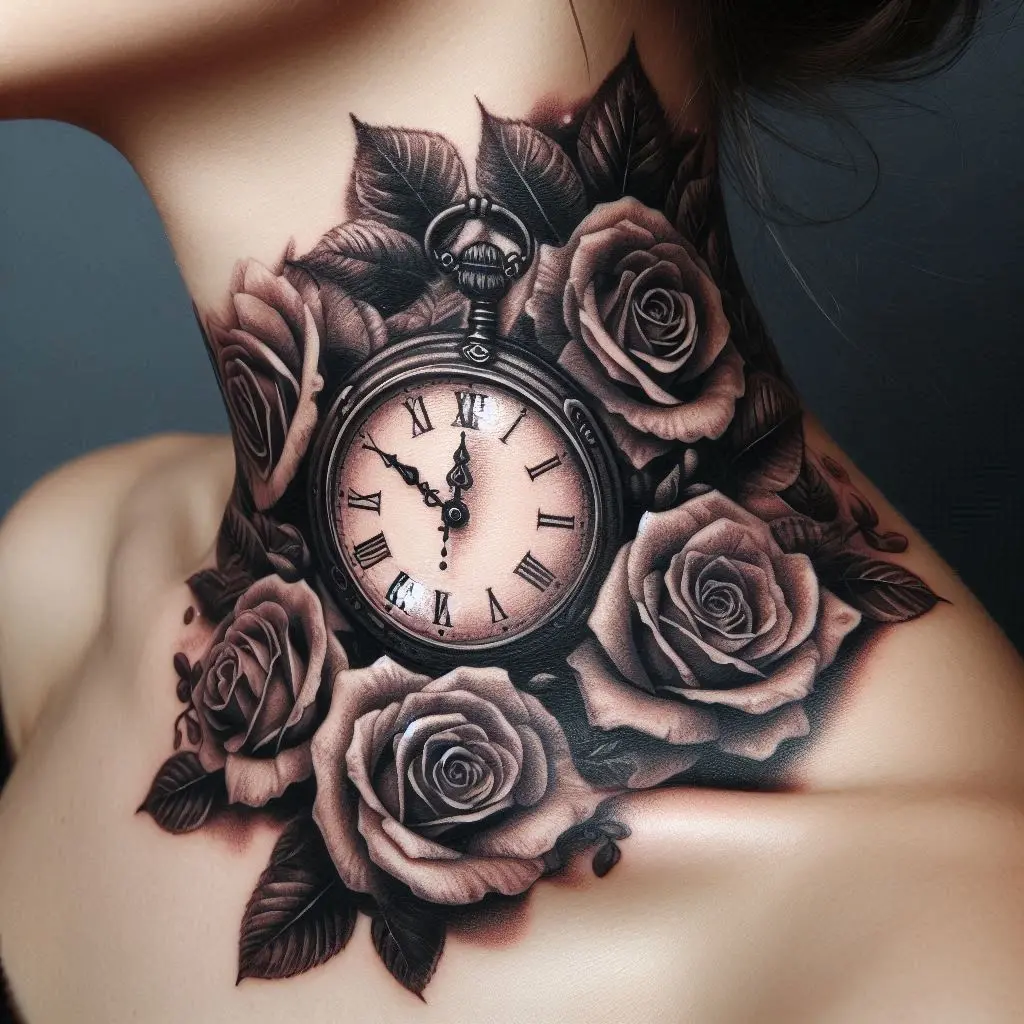Clock and Roses Tattoo