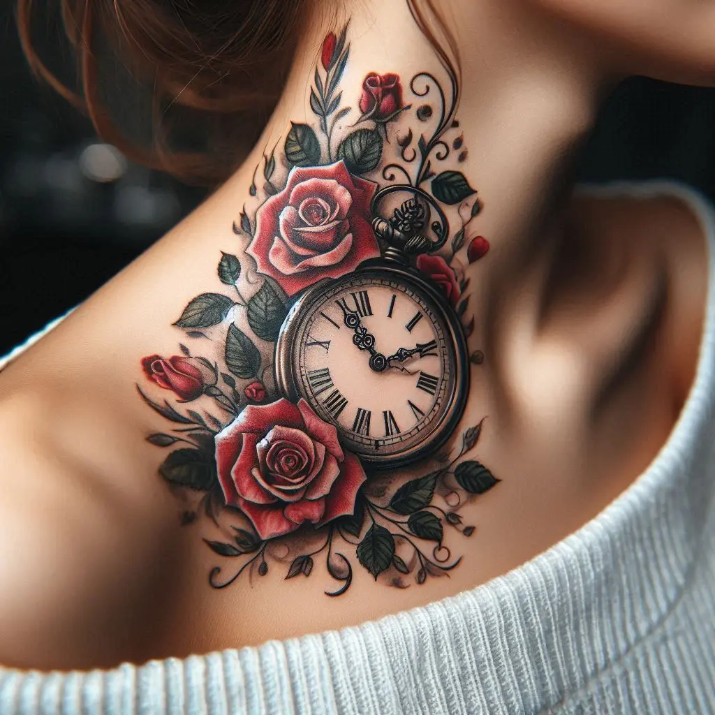 Clock and Roses Tattoo 2