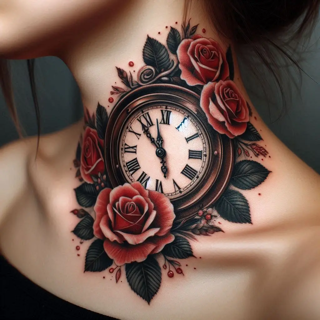 Clock and Roses Tattoo 3