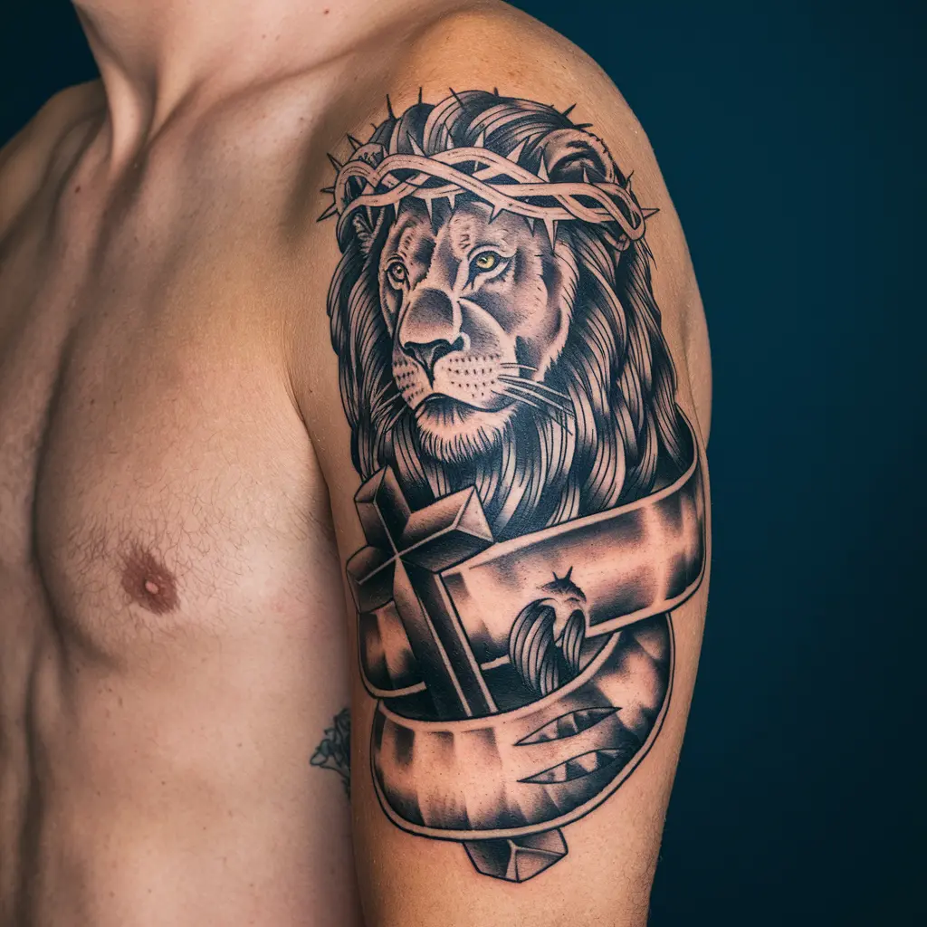 Cross and Lion with Crown Tattoo