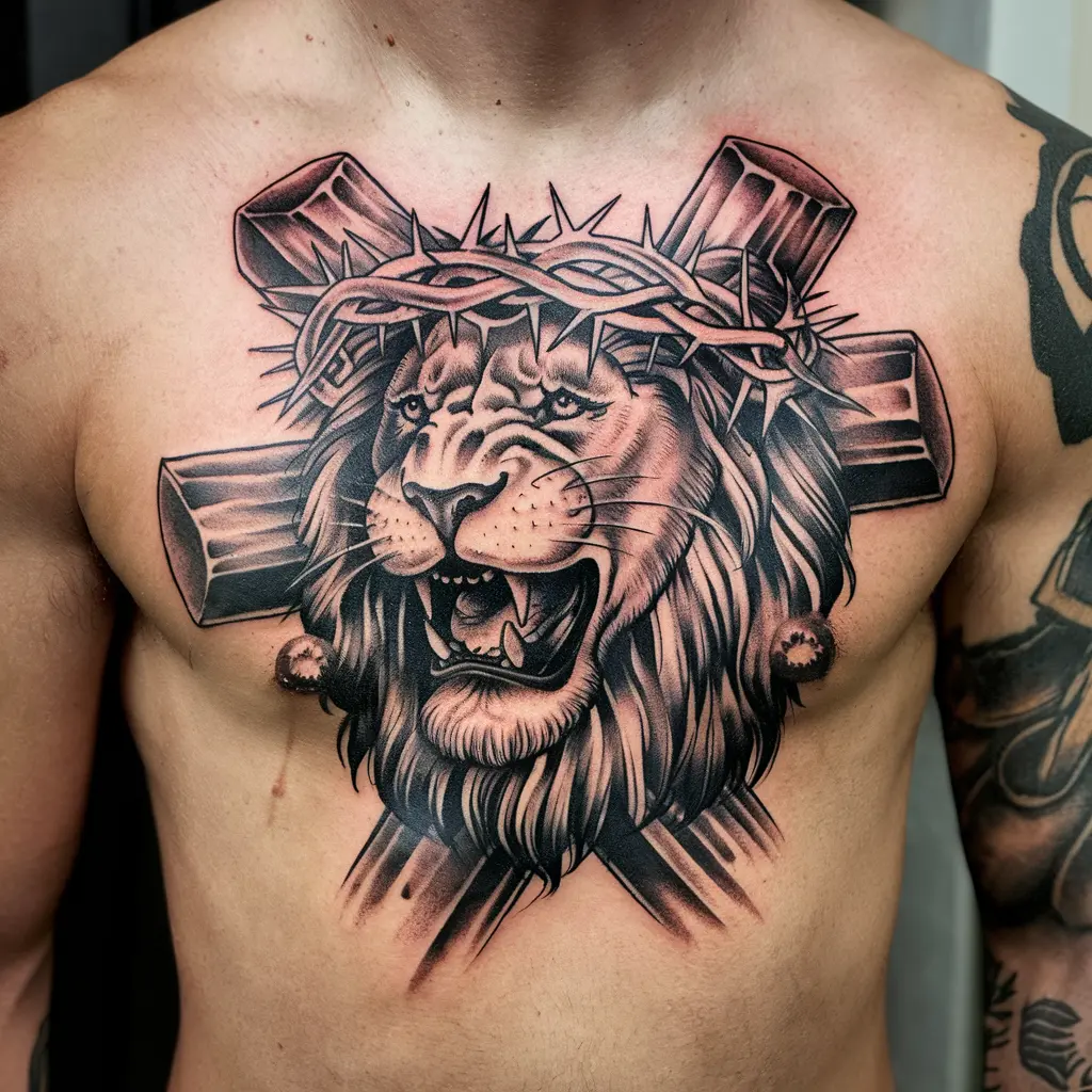 Lion with Cross Tattoos