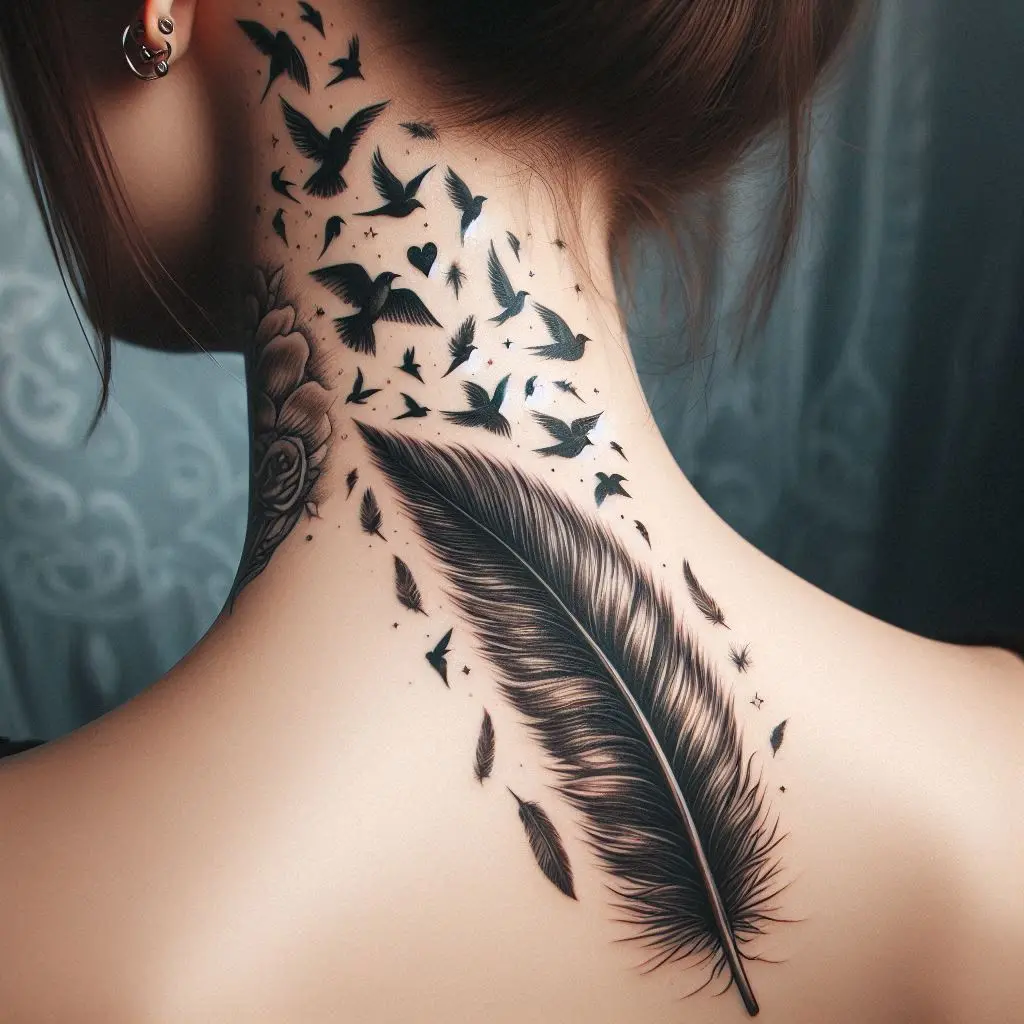 Feather with Birds Tattoo