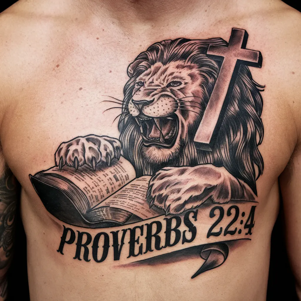 Lion and Cross with Bible Verse Tattoo