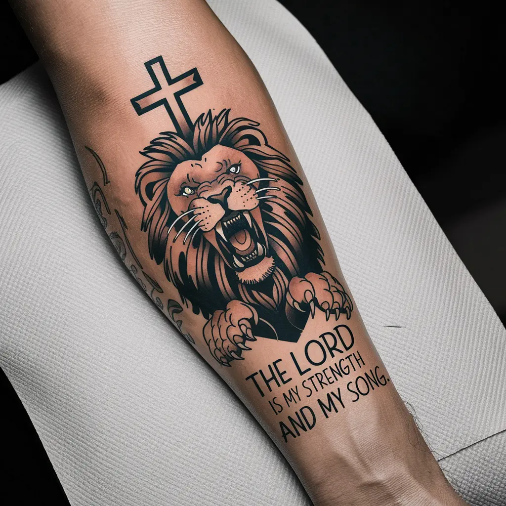 Lion and Cross with Bible Verse Tattoo