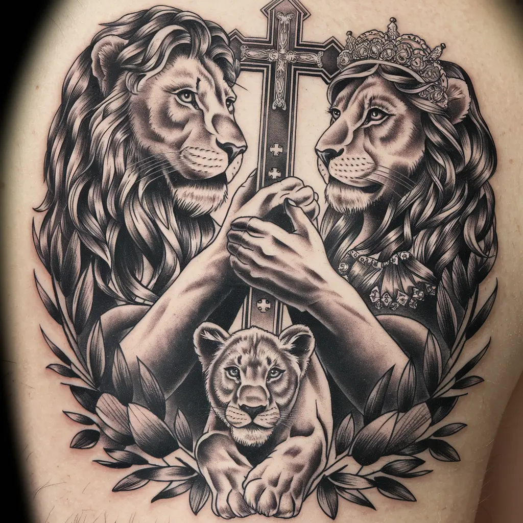 Lion with Cross and Family Tattoo