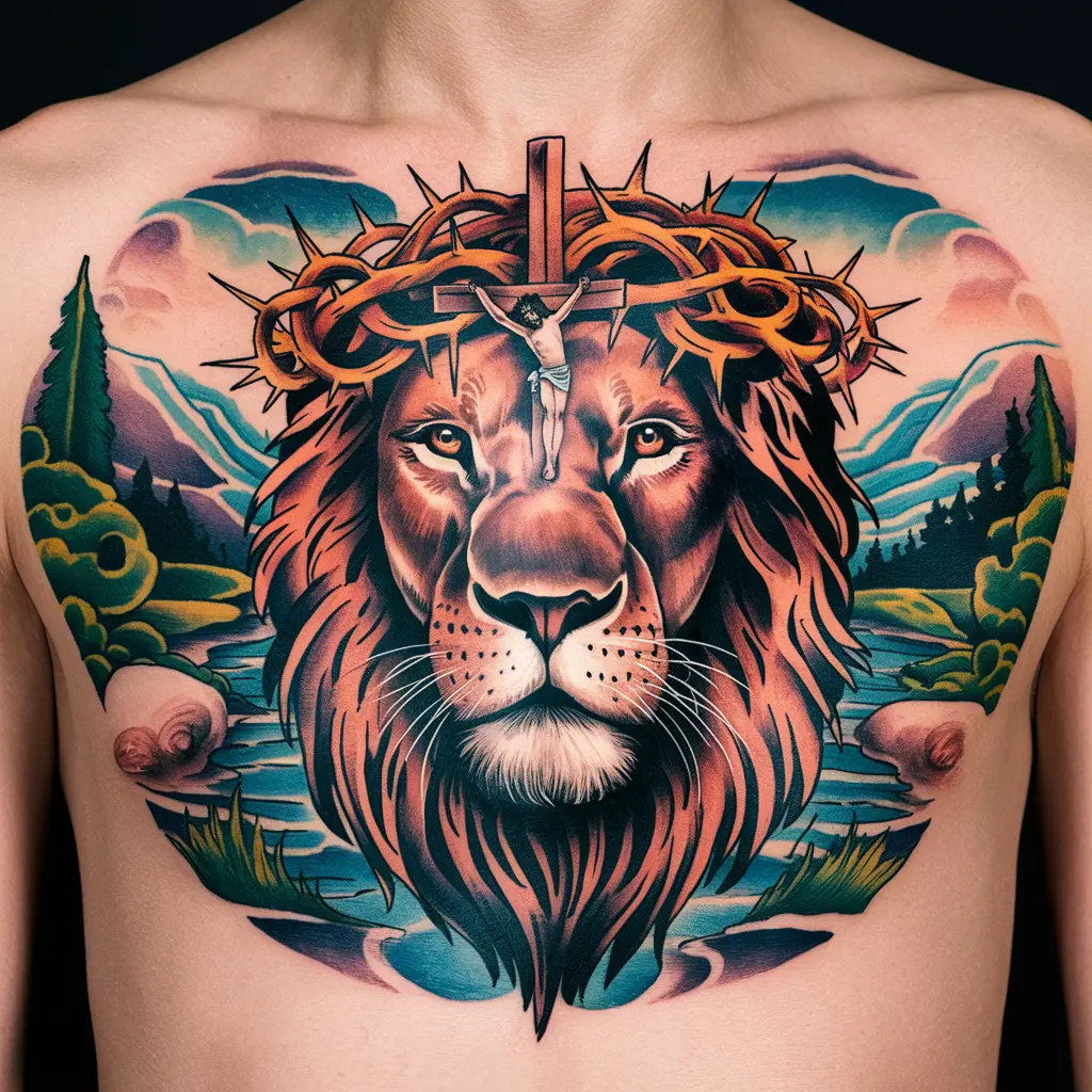 Lion with Cross and Jesus Tattoo