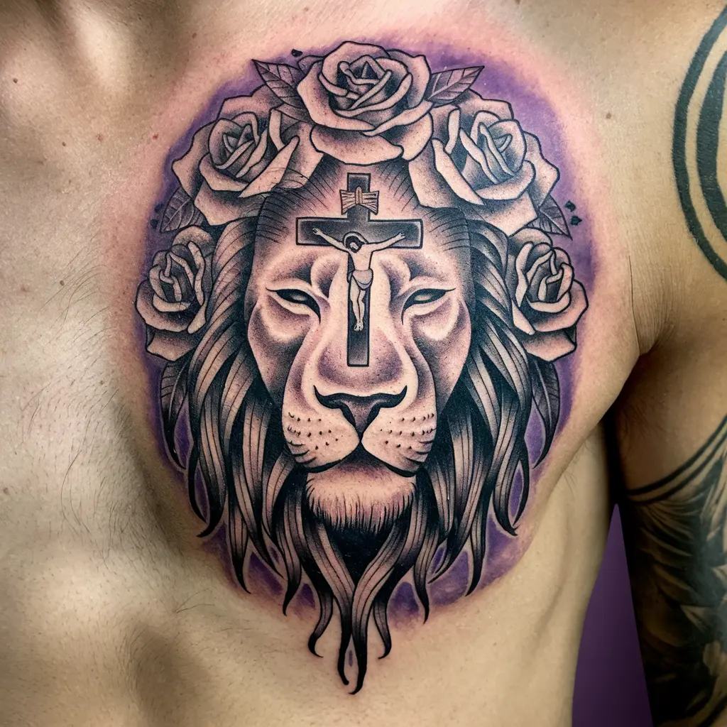 Lion with Cross and Jesus Tattoo