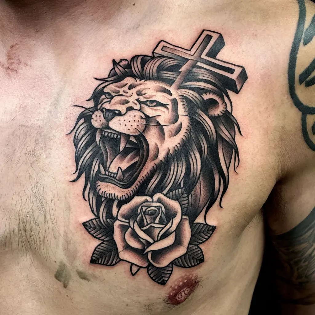 Lion with Cross and Rose Tattoo