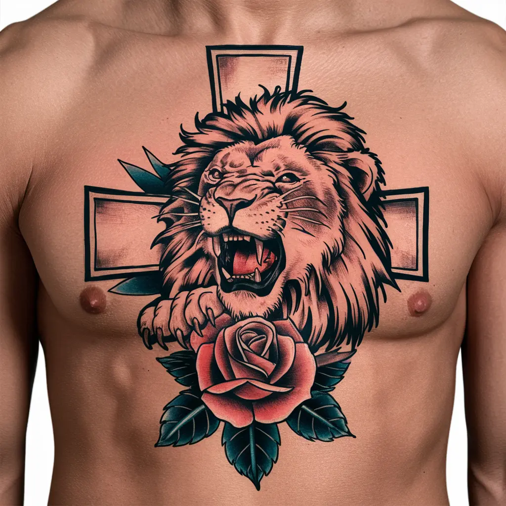 Lion with Cross and Rose Tattoo