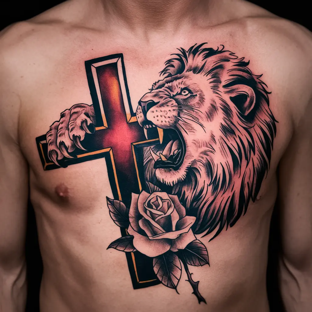 Lion with Cross and Rose Tattoo