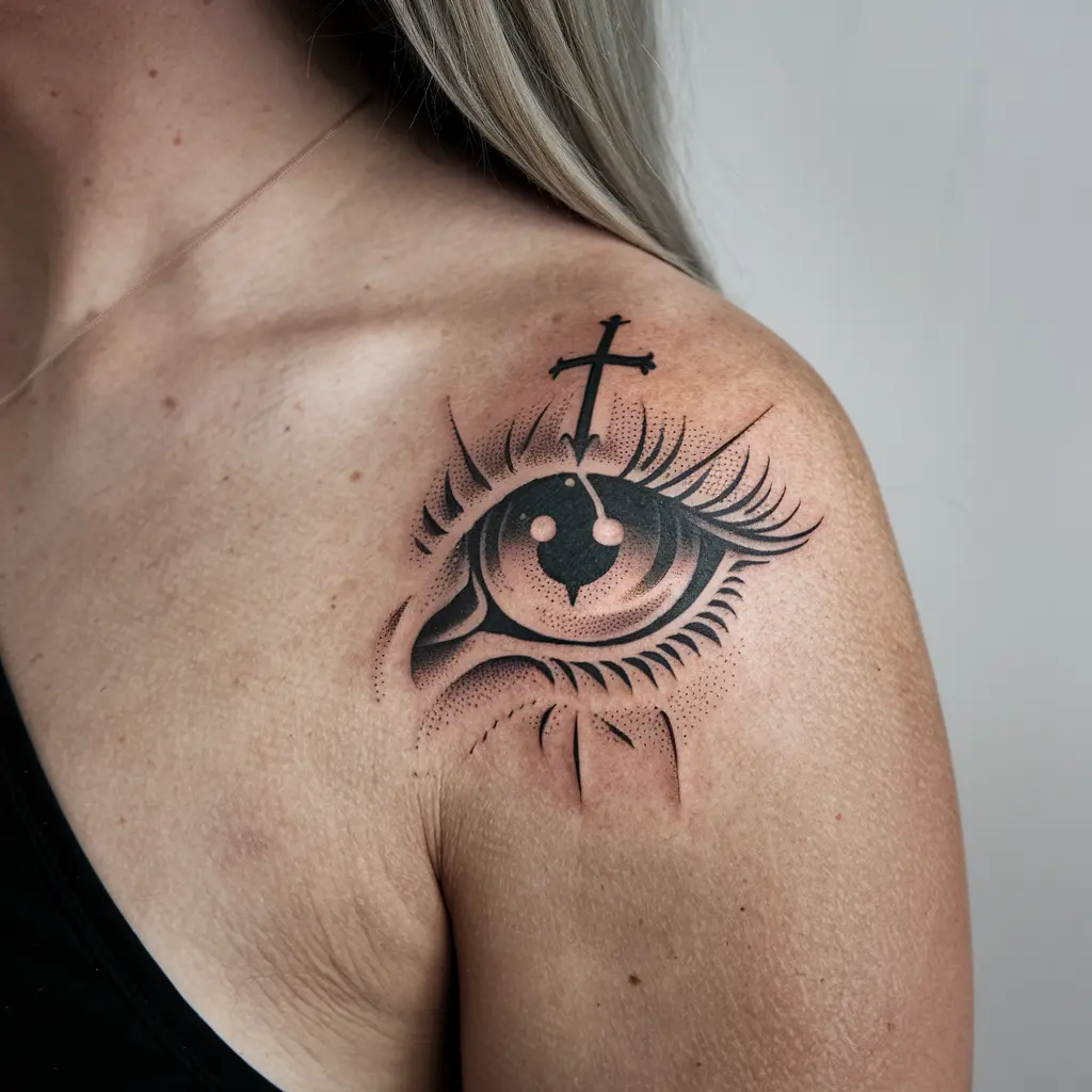 Small Cross on a Lion Eye Tattoo