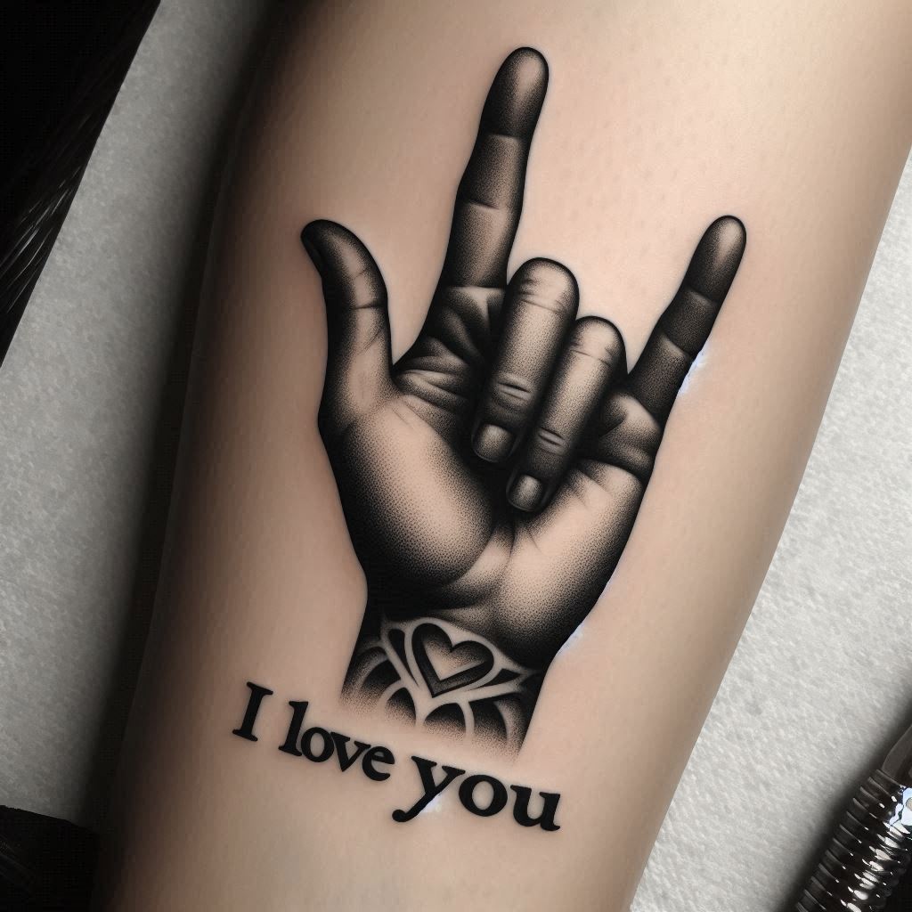 black i love you hand sign tattoo