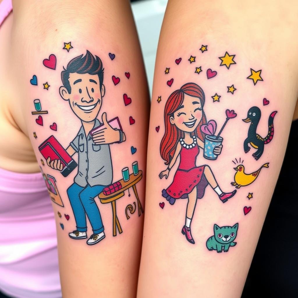 cartoon-style couple tattoos